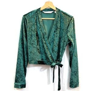 Vintage Sexy Victoria Secret Y2K Green Velvet Wrap Long Sleeve Crop Top, Size M